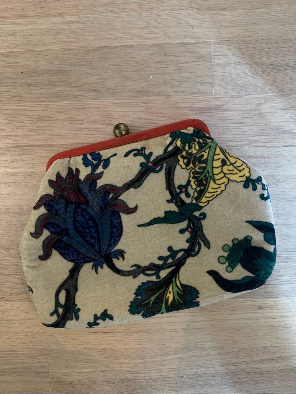 Anthropologie Cream Floral Velvet Clutch with Red Trim